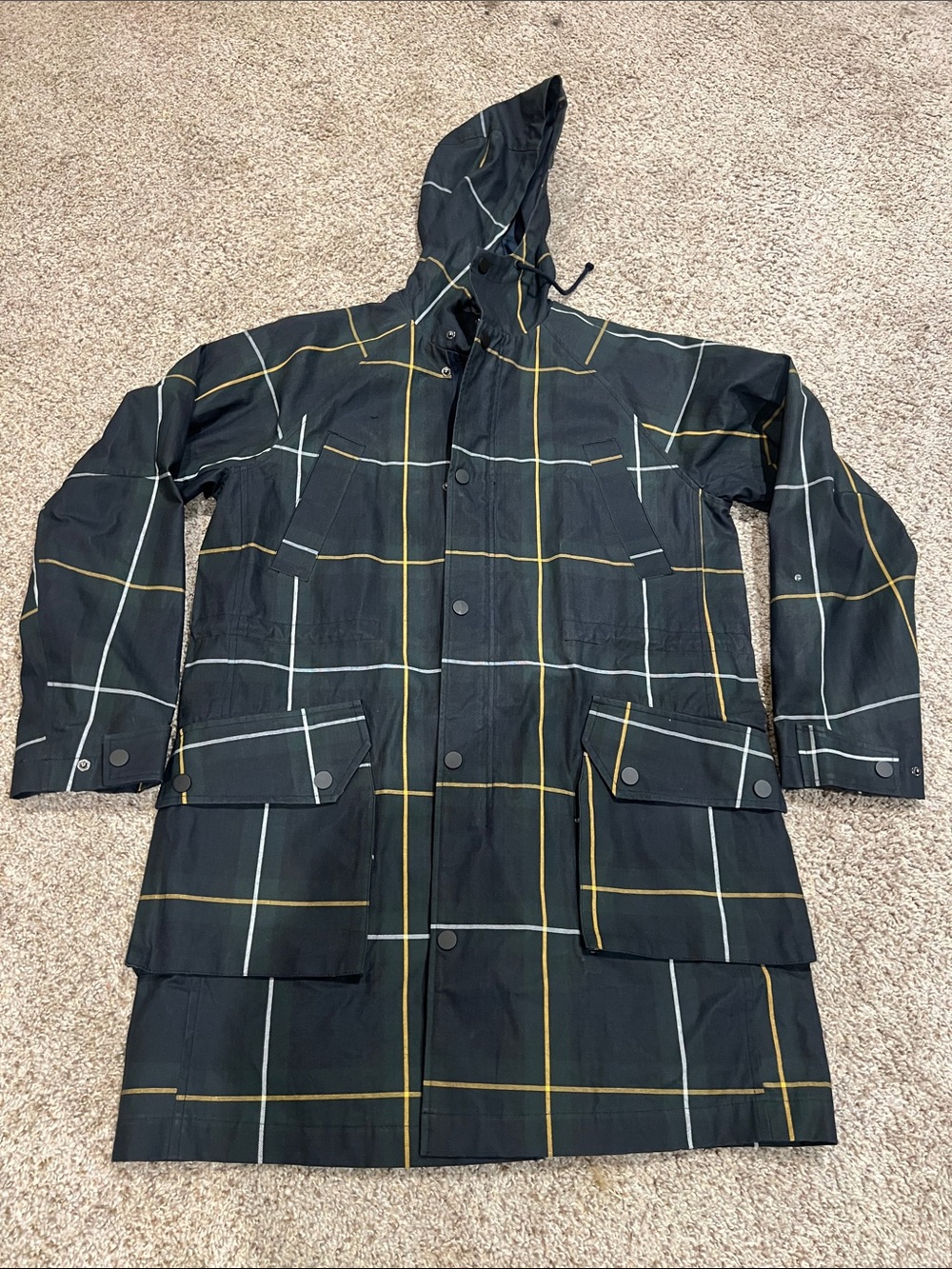 ASOS Black Hooded Raincoat with Yellow & White Windowpane